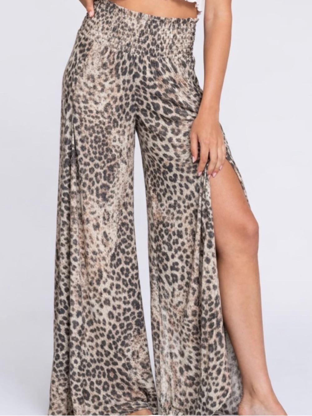 Rewash Leopard Print Wide Leg Pants High Slit Boho Y2K Flowy‎ Rayon Size Large